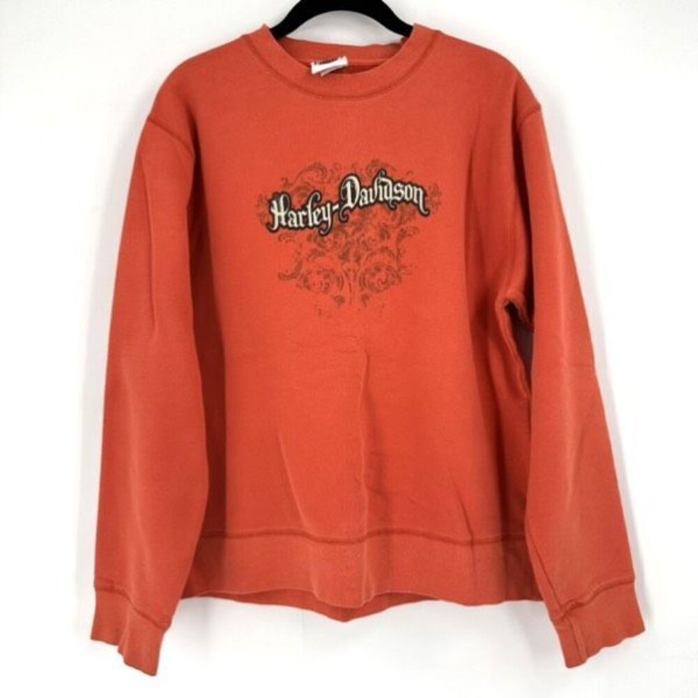 Vintage‎ Y2K Harley Davidson Women’s Orange Sweatshirt Large 3D Raised Spell Out
